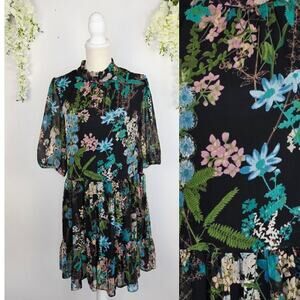 Melonie T Dress Sz 12 Black Floral Chiffon Ruffle Neck Cottage Whimsigoth Fairy